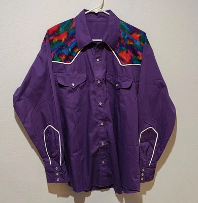 Handmade Western Rainbow Shirt XL Snap Button Up Cotton Purple Custom - Image 1 of 4