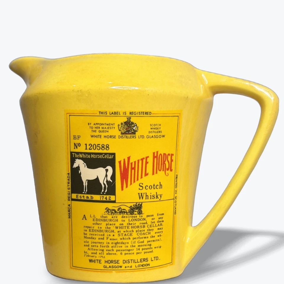 Jarra de whisky escocesa White Horse de colección taza crema vajilla 1742 mediados de siglo Foto 1 de 2