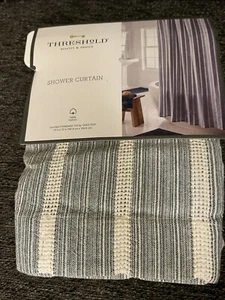 New Threshold Shower Curtain 100% Cotton Blue Woven Stripes 72x72 Farmhouse Chic - Picture 1 of 5
