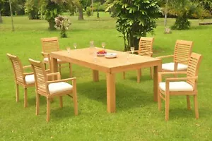 7-Piece Outdoor Teak Dining Set: 86" Rectangle Table, 6 Stacking Arm Chairs Masc - Picture 1 of 12