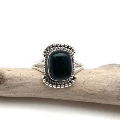 Anello In Gemma A Cuscino In Argento Sterling 925 In Onice Nero Naturale - Immagine 1 di 4