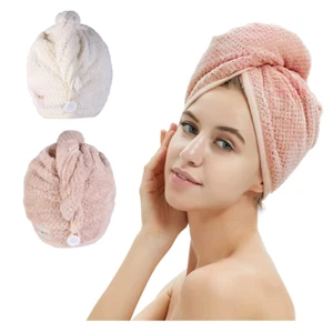 2 Pack Microfiber Hair Towel Wrap,Hair Drying Towel with Button, Towel Turban,He - Picture 1 of 12