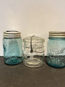 Vintage Set 3 Ball Perfect Eclipse Mason Jars Blue Clear Zinc Lids # 3 10 Pint - Picture 1 of 15