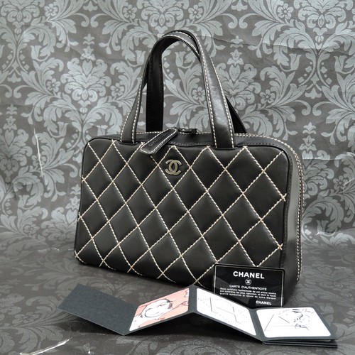 Borsa a mano CHANEL pelle di vitello punto selvaggio borsa tote nera #2450 rialzata