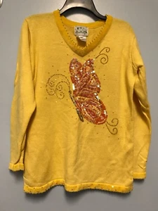 Quacker Factory Size Small Yellow Sweater Butterfly Design V Neck - Picture 1 of 10