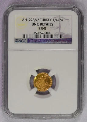 Moneda de oro de pavo AH1223/2 Toughra 1/4 Zeri Mahbub NGC sin circular detalles doblada Foto 1 de 4