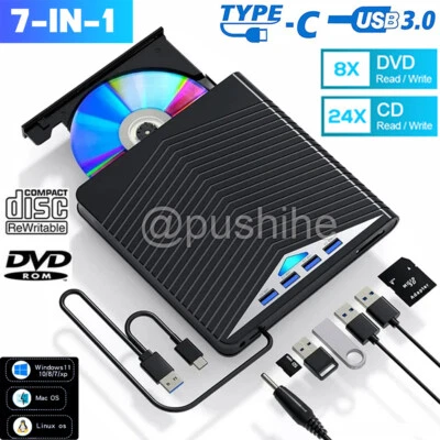 External CD DVD Drive USB 3.0 Player Reader Writer for PC Laptop Windows 11 10 - Image 1 of 4
