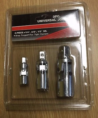 3 PC SWIVEL 1/4" 3/8" 1/2" DRIVE UNIVERSAL JOINT DIY SOCKET SET - Image 1 of 3
