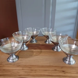 Vtg 1930's Depression Etched Glass Set of 6 Ice Cream Dessert Dishes Silver - Picture 1 of 18