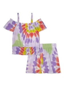 Pink Velvet Girls Tie Dye Cold Shoulder Top & Matching Shorts, 2-Piece Outfit - Picture 1 of 3