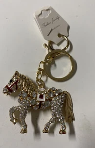 Golden Horse Figure Rhinestone Bling Clip-On Accessory Keychain Keyring - Picture 1 of 2
