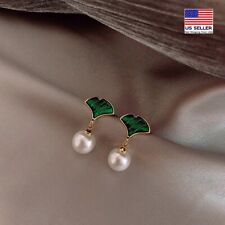 Gorgeous Women 925 Sterling Silver Earrings Green Glazed Ginkgo Pearl Stud 1553