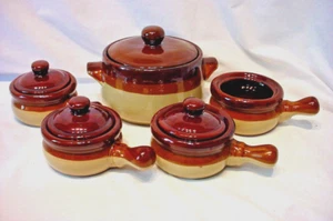 Vintage Glazed Stoneware Soup Bean Pot & 4 bowls w/ Handles & 3 Lids - Picture 1 of 5