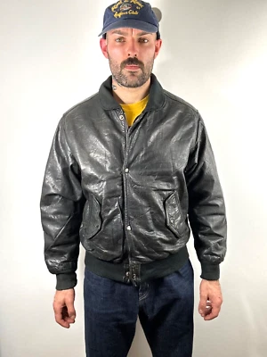 Chevignon Leather Jacket Black bomber aviator 90s vintage mens Large - Image 1 of 4