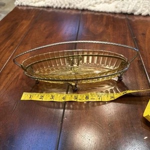HEISEY COARSE RIB Amber Marigold Celery Tray/Olive Dish w/Metal Stand 9 7/8" VTG - Picture 1 of 8