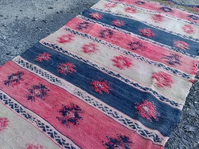 Vintage Turkish Kilim Runner 2.1x5.4 ft  Handwoven Wool Pink/Indigo - Image 1 of 4