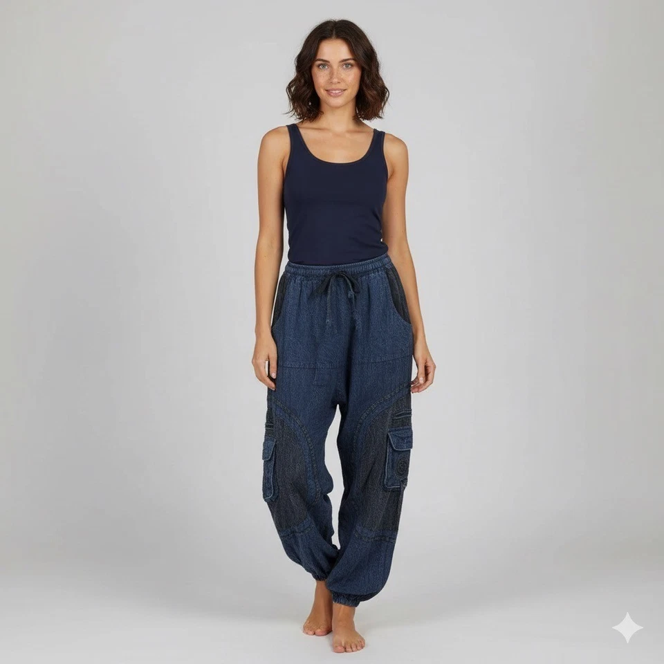 Boho Harem Pants Medium Blue Cotton Tie Waist Cargo Pockets Drop Crotch Festival - Image 1 of 4