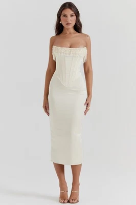 HOUSEOFCB'Nalita'VintageCream Embellished Strapless Dress/Size L-US 8-10/QA4000 - Image 1 of 4