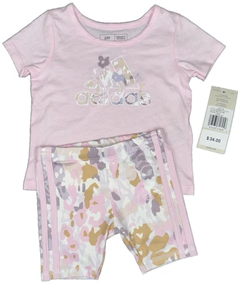 Adidas 2-Piece Tee & Shorts Infant Baby Girls 6 Month Pink Athletic Outfit New - Image 1 of 4