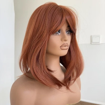 Bob Straight Heat Resistant Hair Copper Red Cosplay Wig With Bangs Natural - Image 1 of 4