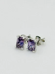 Beautiful Vintage 925 Sterling Silver Earrings  Amethyst Color Rectangle Studs - Picture 1 of 16