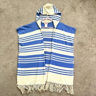 Poncho Lilly Pulitzer Frente Abierto Rayas Azul Marfil Talla Única 100% Cachemira Foto 1 de 4