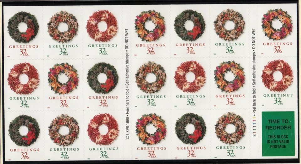 1999 Christmas Wreaths Sc 3252e MINT booklet pane of 20, plate number B111111 - Image 1 of 1