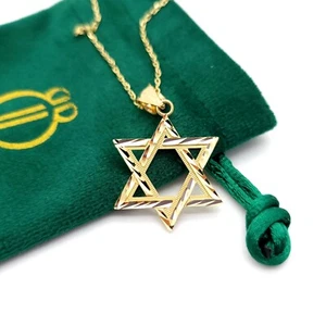New 14k Yellow Gold Diamond Cut Large Stencil Star of David w/ 16in RoloChain - Picture 1 of 13
