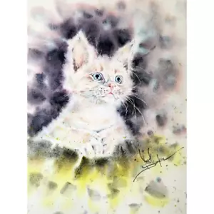 ORIGINAL Aquarell Gemälde weißes KÄTZCHEN Gemälde Katzenmalerei 15"x11" - Bild 1 von 3