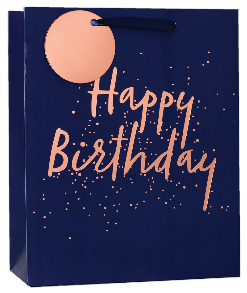 GIFTMAKER COLLECTION Medium Male Happy Birthday Gift Bag - Navy Blue with Copper Foil 10" x 8.5"