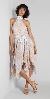 FOREVER 独特吊带蓝图金色花卉手帕下摆连衣裙,2,全新带标签全新 — 第 1/4 张图片