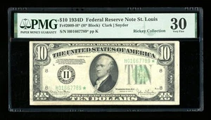 DBR 1934-D $10 St. Louis STAR Fr. 2009-H* PMG 30 Serial H01667789* - Picture 1 of 2