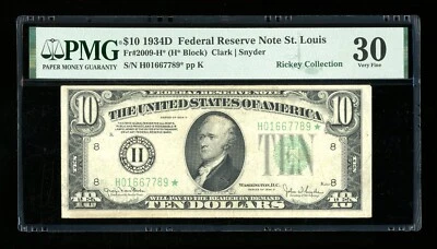 DBR 1934-D $10 St. Louis STAR Fr. 2009-H* PMG 30 Serial H01667789* - Image 1 of 2