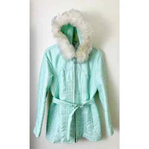Vintage White Stag Hooded Puffer Jacket Mint Green Zipper Faux Fur Trim - Bild 1 von 10
