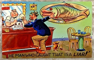 The Man Who Caught That is a Liar! Giant Fish Chelmow Comic Chrome Postcard 3944 - Picture 1 of 2