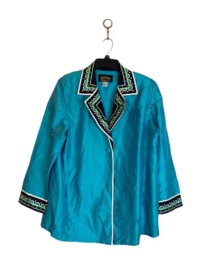 Blazer Bob Mackie Talla Grande Verde Azulado Bordado Seda Usable Chaqueta Artística Foto 1 de 4