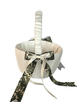 Wedding Ivory Satin Flower Basket, Well-Suited Green Camouflage - Image 1 of 4