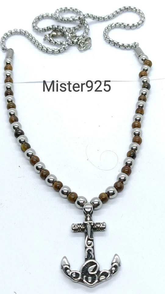 collana girocollo uomo pietra agata vera e acciaio anallergico ciondolo ancora  - Immagine 1 di 4