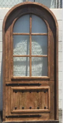 Rustic reclaimed lumber arch top door solid wood storybook iron Glass Pre hung - Image 1 of 4