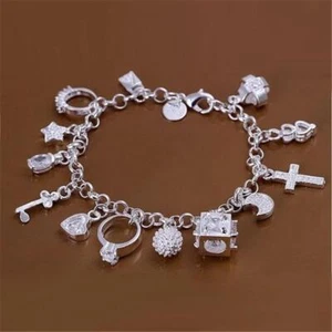 Silver Charm Bracelet for Women with 13 Pendants European American Fashion Style - Picture 1 of 24