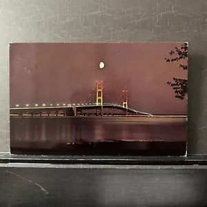 Mackinac Brücke bei Nacht Mondlicht Michigan MI Vintage Postkarte - Bild 1 von 3