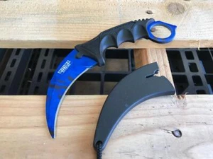 CSGO Tactical Karambit Knives -2  Pcs Survival Hunting Fixed Blade Blue + Sheath - Picture 1 of 4