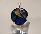 DICHROIC GLASS PENDANT 1.25in OVAL SPARKLY CHARM BLUE GREEN PURPLE KNECKLACE