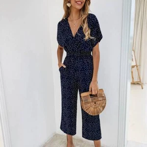 Womens Boho Holiday Jumpsuit Ladies V Neck Short Sleeve Playsuit Wide Leg Pants - Picture 1 of 15
