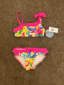 2 Piece Beach Native Bikini Swim Bathing suit Girls Pink Tie Dye Bow Ruffle 5 - Picture 1 of 4