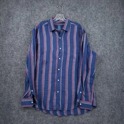 J McLaughlin Button Up Shirt Men L Large Blue Striped Linen Long Sleeve Collared - Image 1 of 4
