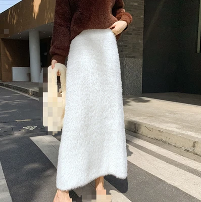 Saia de malha feminina saias longas cintura alta quente sólida casual saia de pele sintética - Imagem 1 de 4