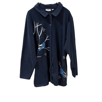 VTG Quacker Factory 3X Fleece Jacket Embroidered Blue Jay Snowflakes Holiday - Image 1 of 4