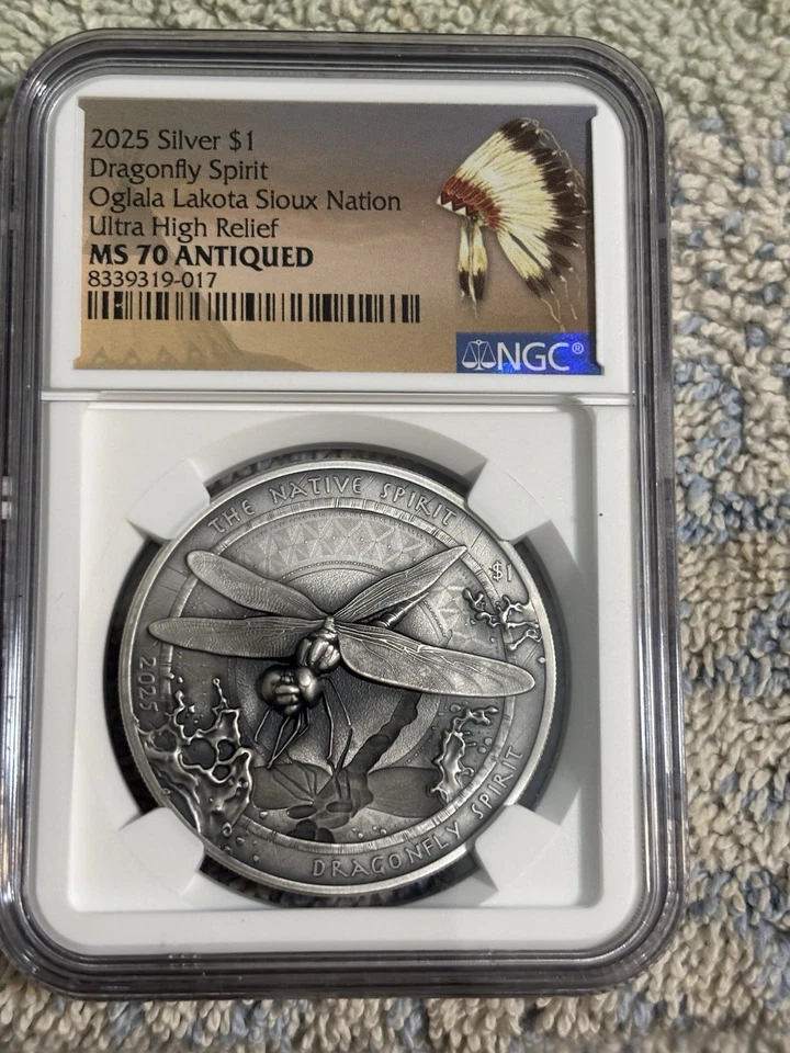 2025 DRAGONFLY SPIRIT 1OZ. SILVER NATIVE AMERICAN SIOUX NATION ANTIQUED MS70UHR - Image 1 of 4