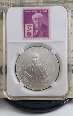 2004-P Thomas Edison Commemorative Silver Dollar with Vintage Stamps - Nice! W2 - Image 1 of 4